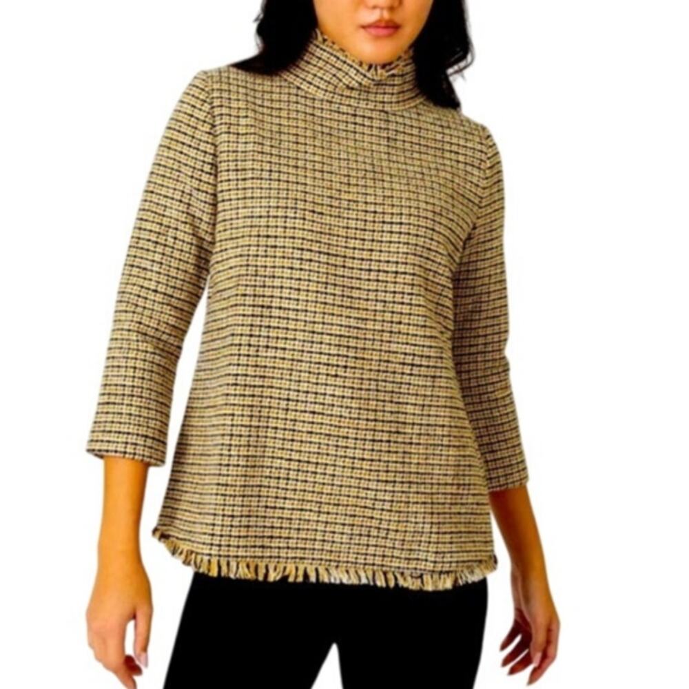 Ann Mashburn Ana Yellow Black Wool Tweed Fringe Top Size Medium